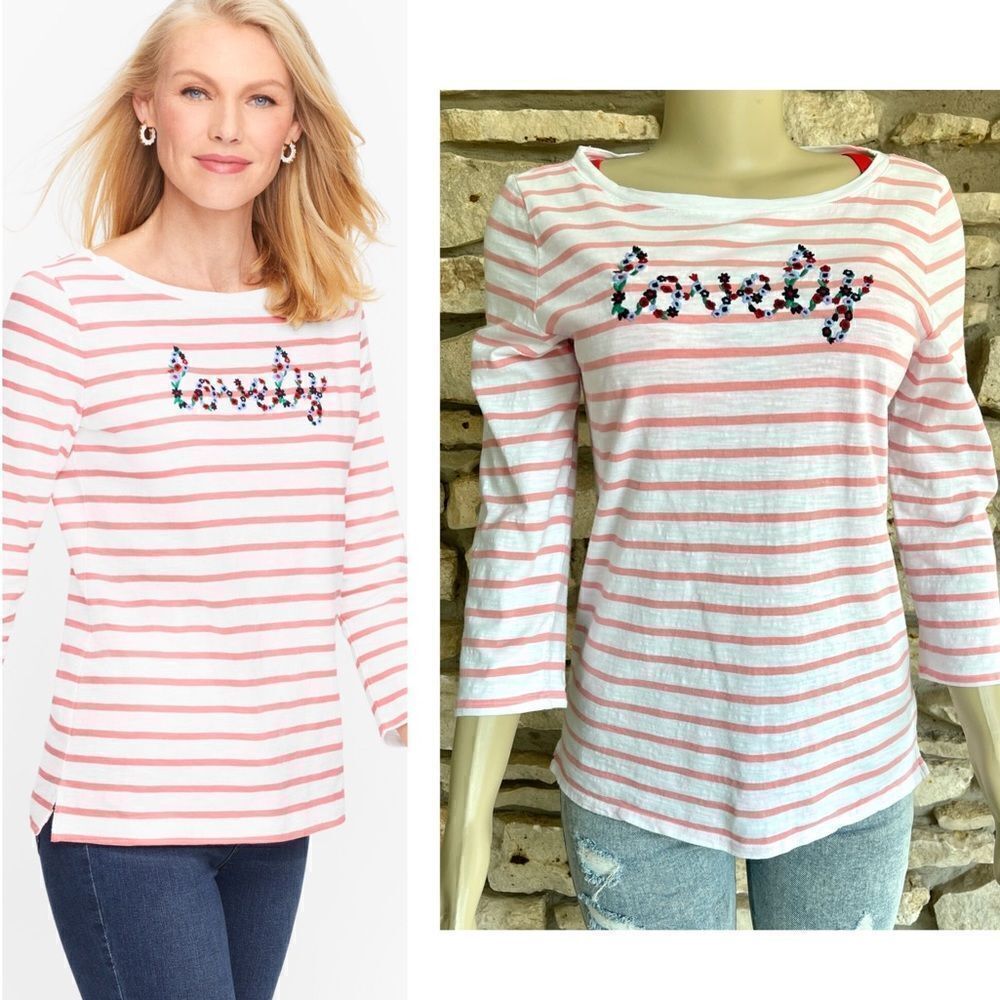 Talbots Size‎ Medium Cotton “Lovely” Tee Top Cruise Casual Floral Embroidered